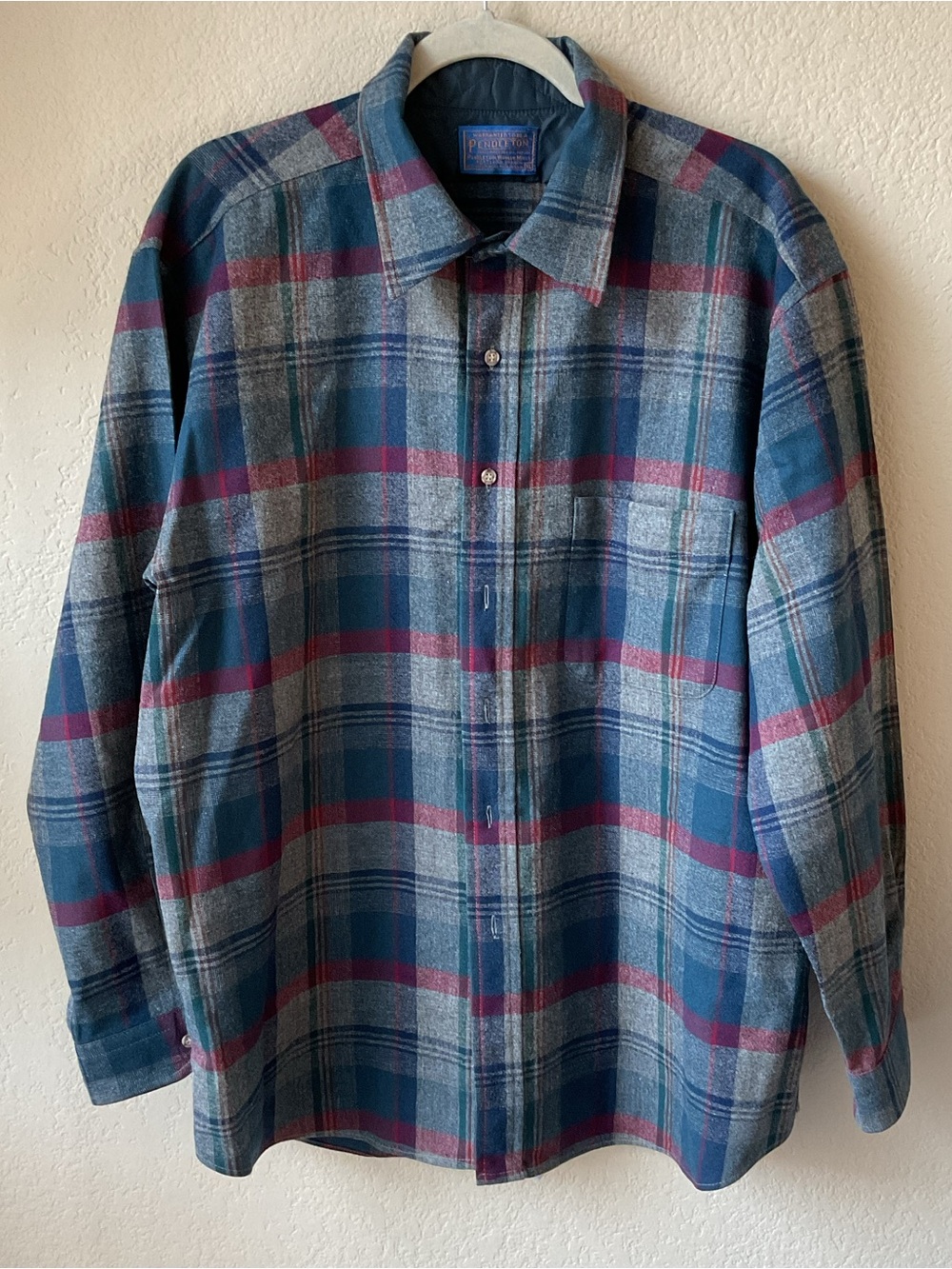 Pendleton Wool Shirt Jacket XL Blue Burgundy Plaid Virgin Wool Flannel Shacket